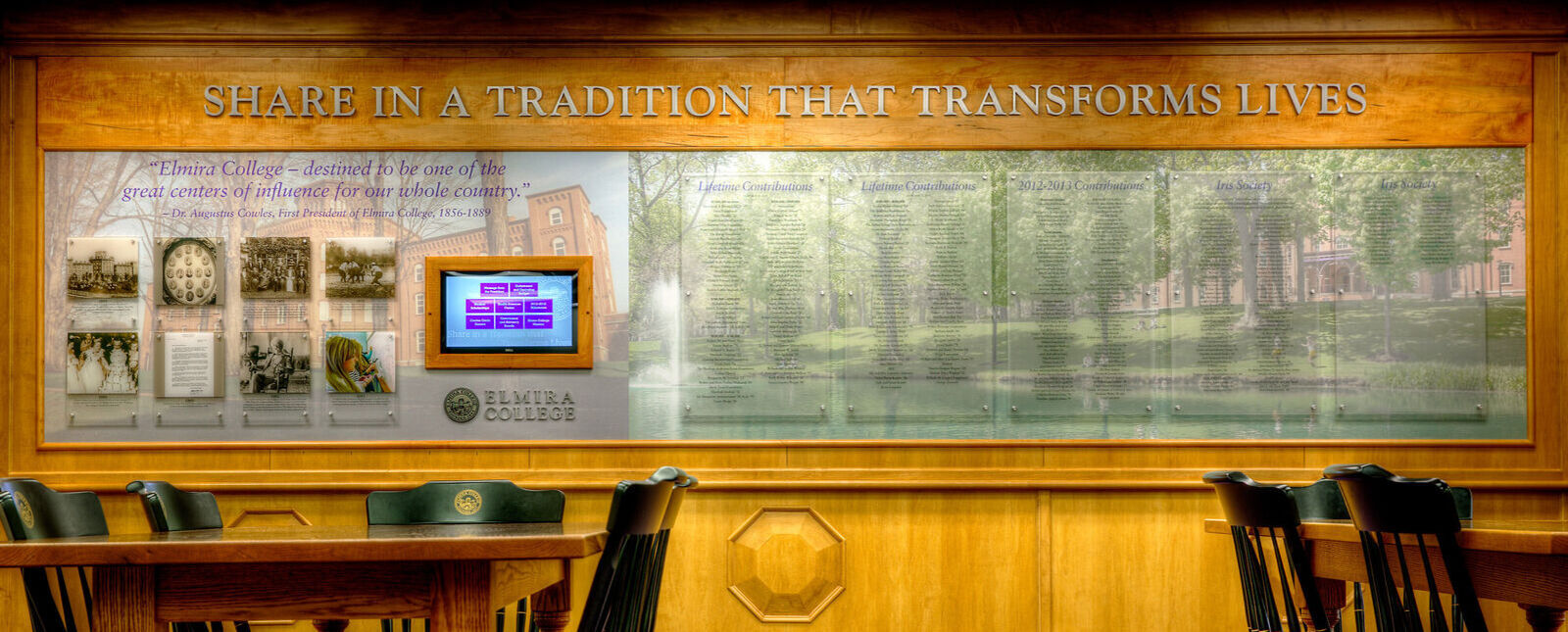 A wall recognizes Elmira College donors