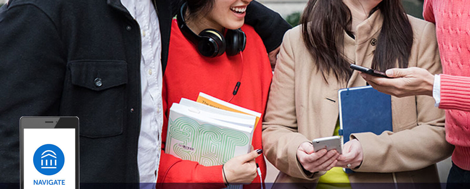 Students hold mobile devices and phones.