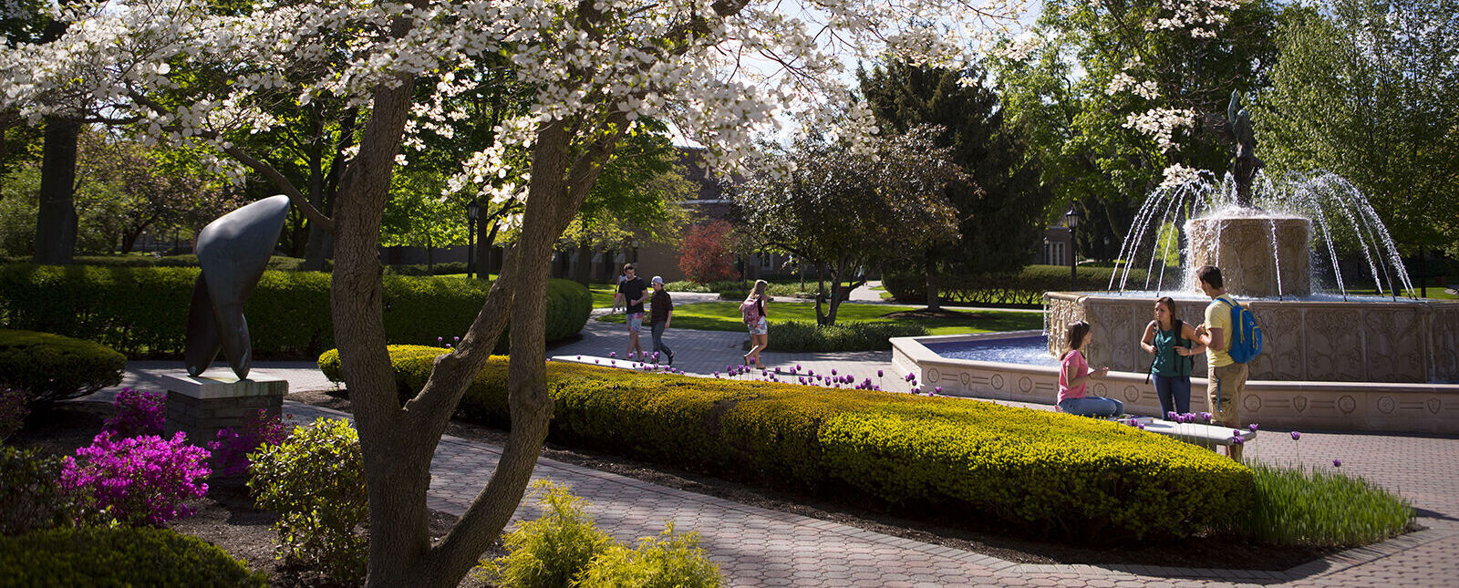 Students talk near the fountain
