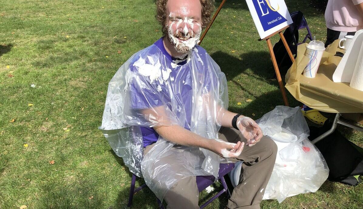 Doc Billingsley is pictured after taking a pie in the face