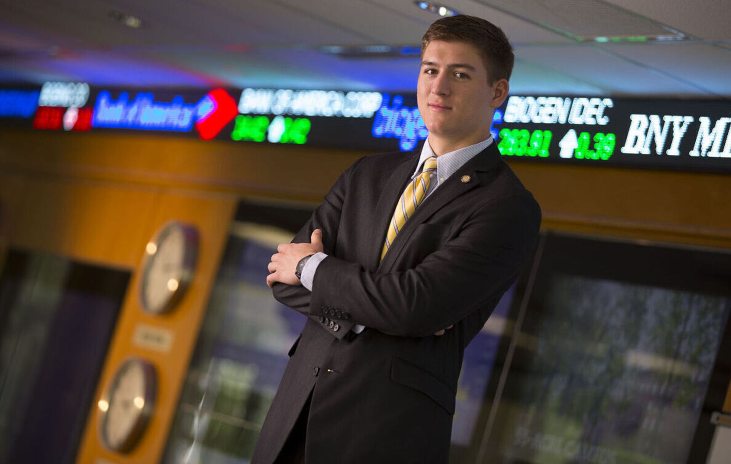 A student is pictured in the finance trading room