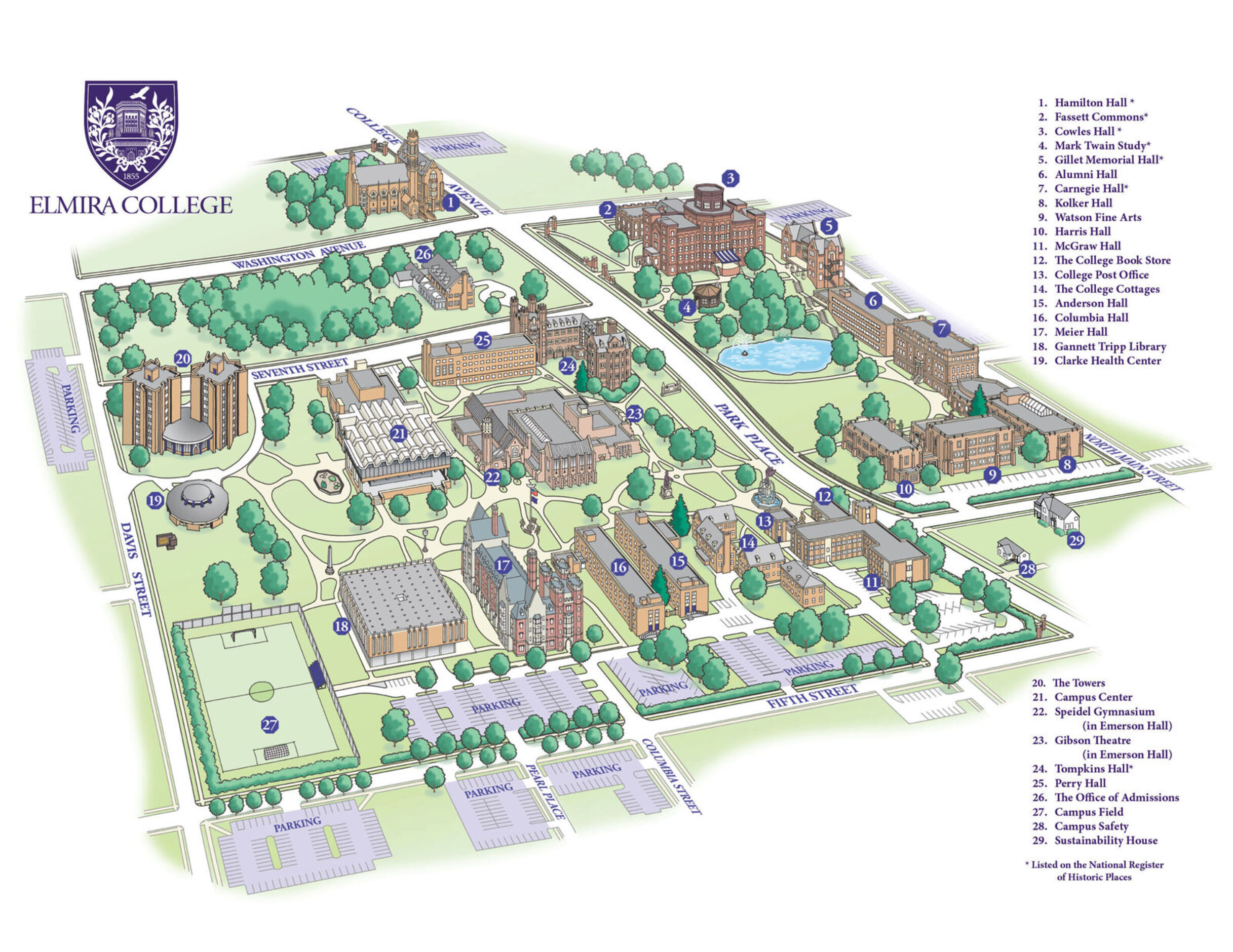 A map of the Elmira College campus