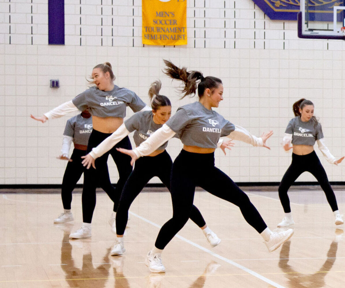 Members of Danceline perform during halftime of a basketball game