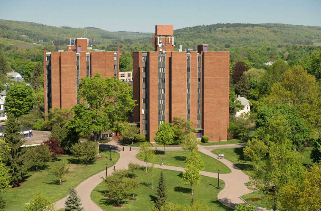 Aerial view of the Twin Towers at Elmira College