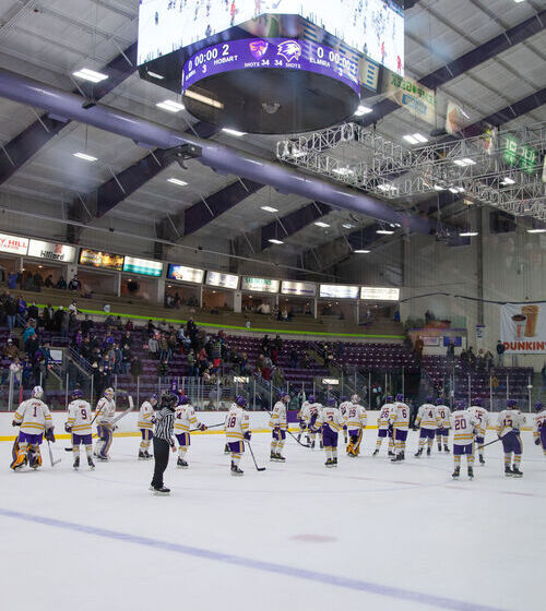 The Elmira College men's hockey team on the ice at the Murray Athletic Center
